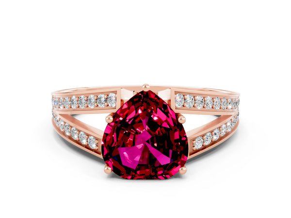 Rose gold Heart Cut Garnet Split Shank Ring with Pavé Band and Four-Prong Setting