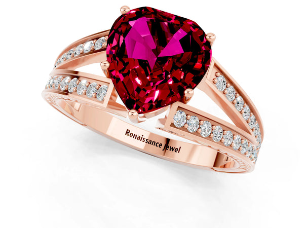 Rose gold Heart Cut Garnet Split Shank Ring with Pavé Band and Four-Prong Setting