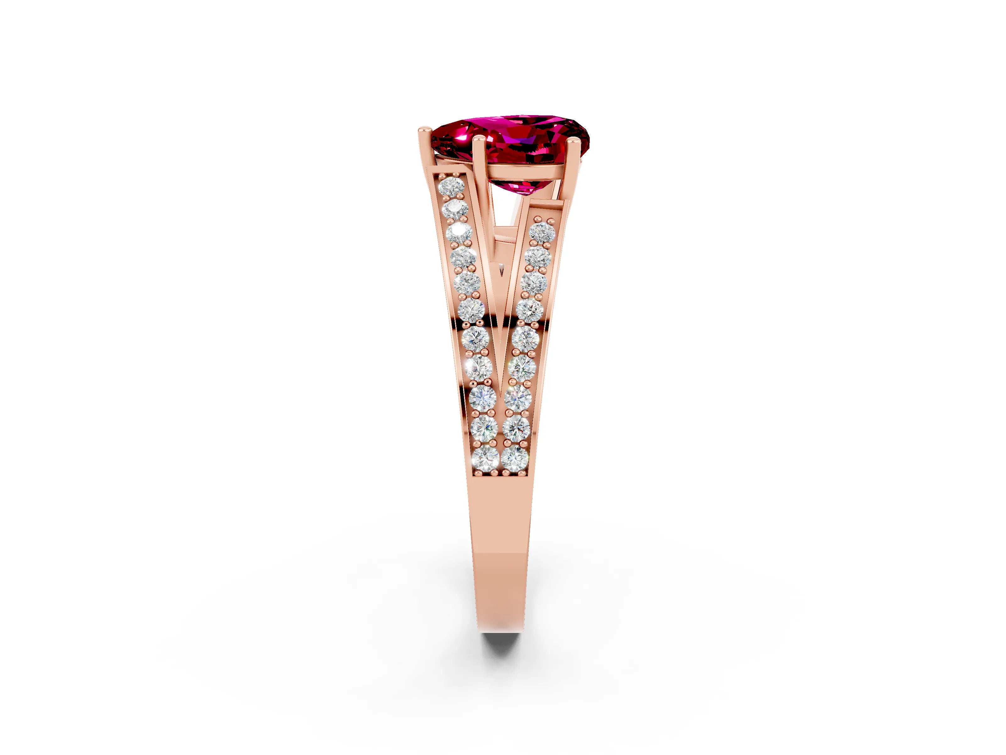 Rose gold Heart Cut Garnet Split Shank Ring with Pavé Band and Four-Prong Setting_2
