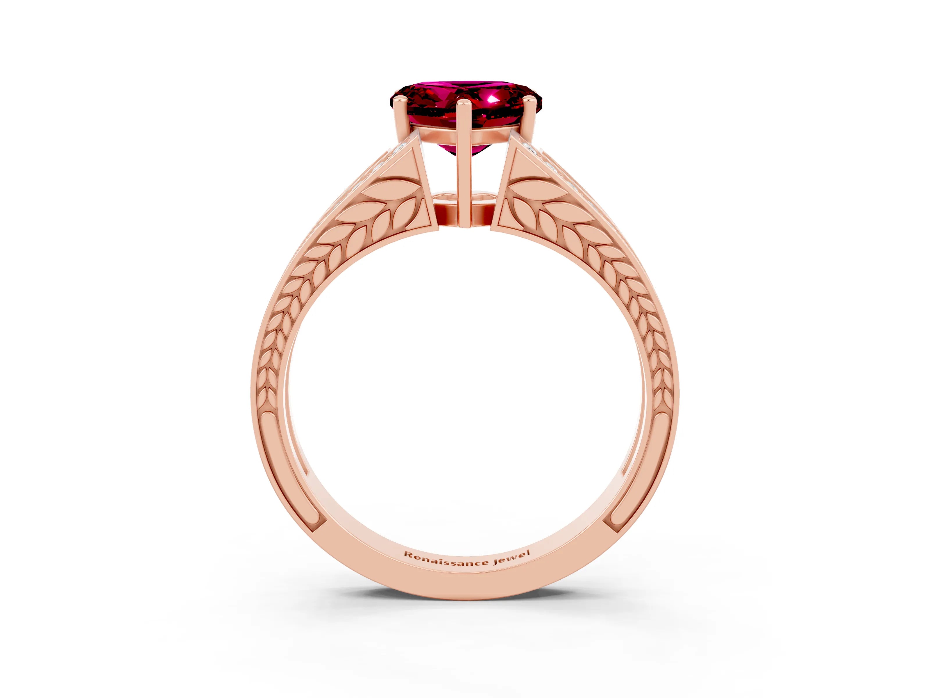 Rose gold Heart Cut Garnet Split Shank Ring with Pavé Band and Four-Prong Setting_3