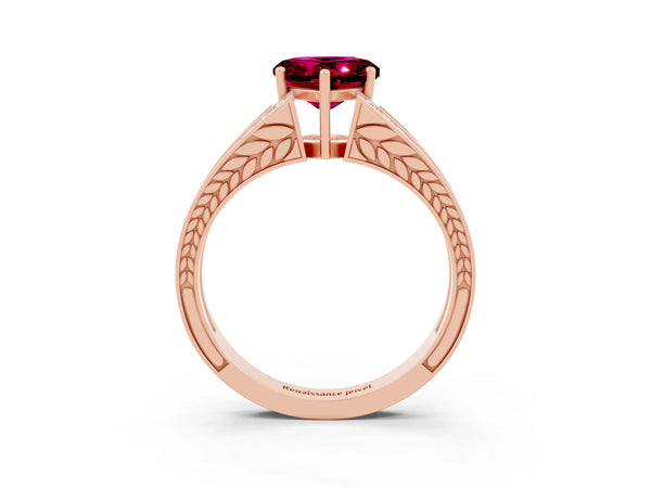 Rose gold Heart Cut Garnet Split Shank Ring with Pavé Band and Four-Prong Setting