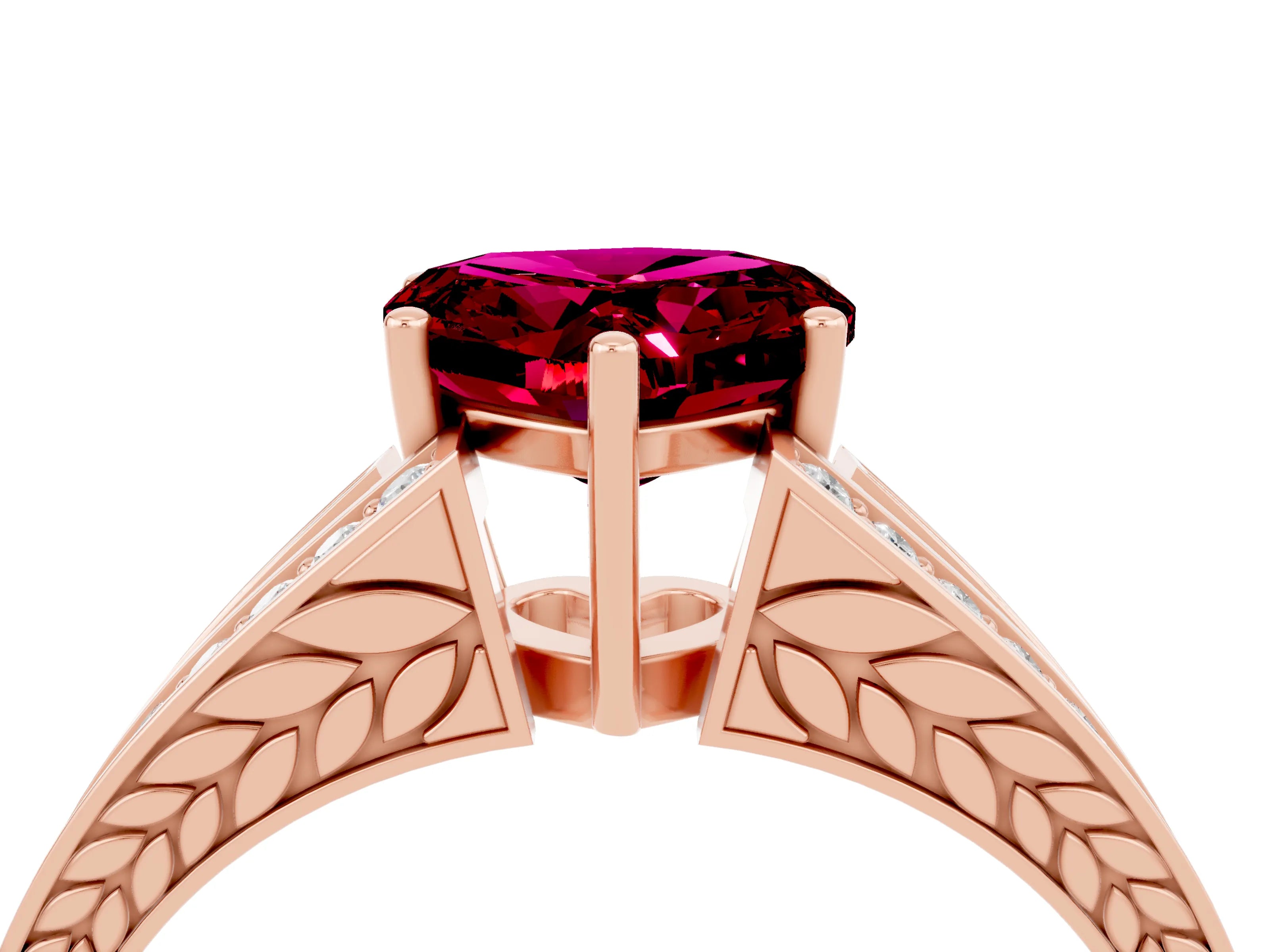 Rose gold Heart Cut Garnet Split Shank Ring with Pavé Band and Four-Prong Setting_4