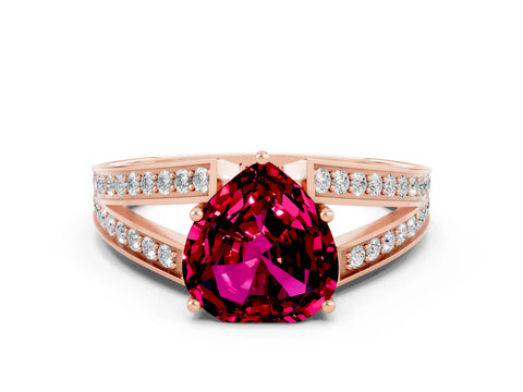 Rose gold Heart Cut Garnet Split Shank Ring with Pavé Band and Four-Prong Setting