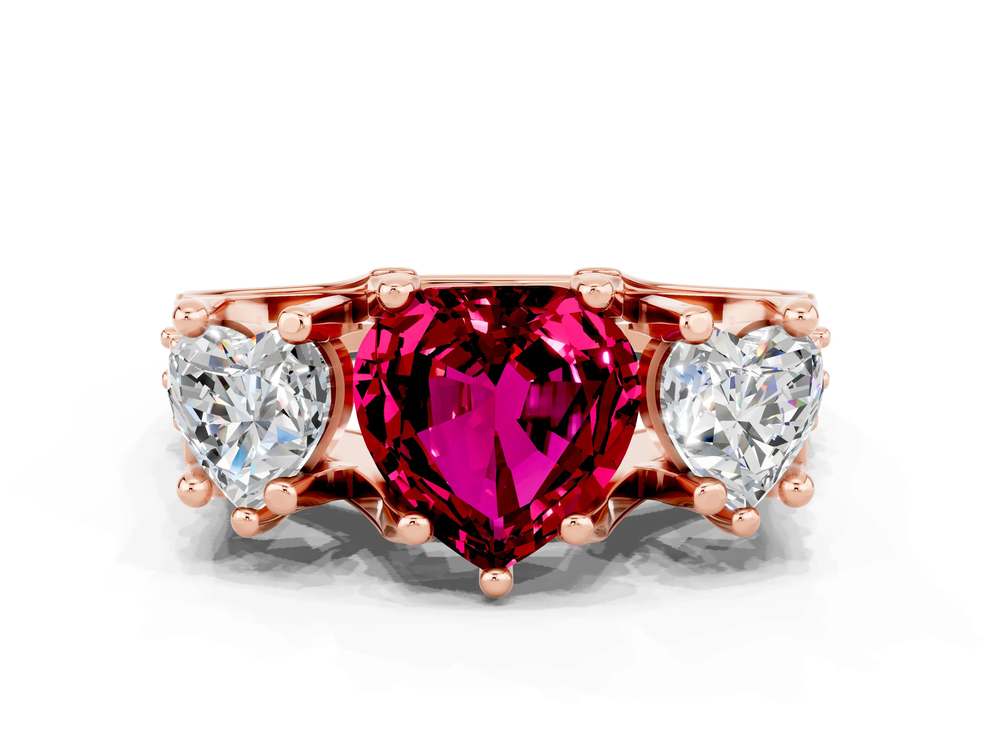 Rose gold Heart Cut Garnet Three-Stone Ring with Channel Set Band and Four-Prong Setting