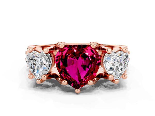 Rose gold Heart Cut Garnet Three-Stone Ring with Channel Set Band and Four-Prong Setting