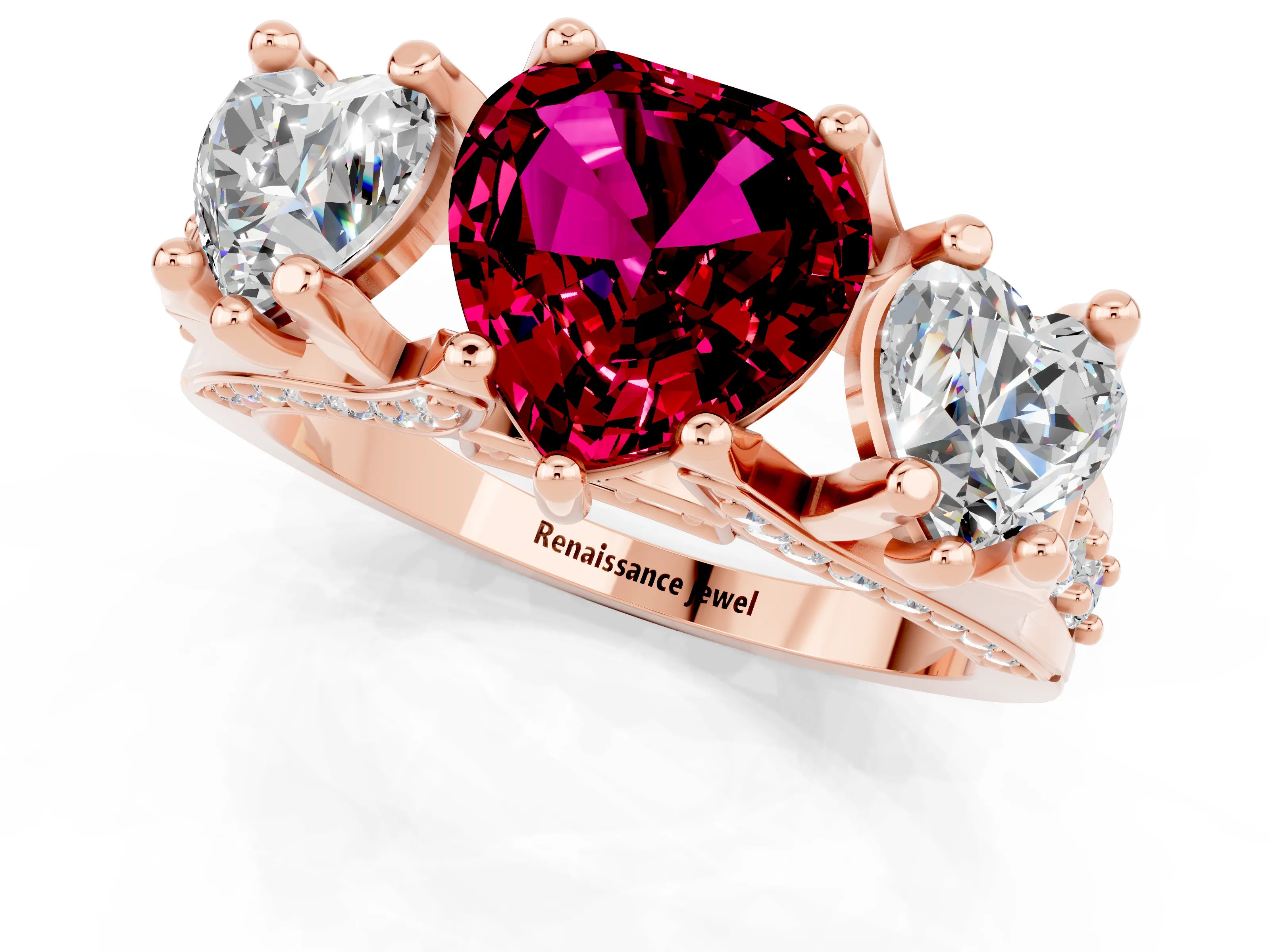 Rose gold Heart Cut Garnet Three-Stone Ring with Channel Set Band and Four-Prong Setting_1