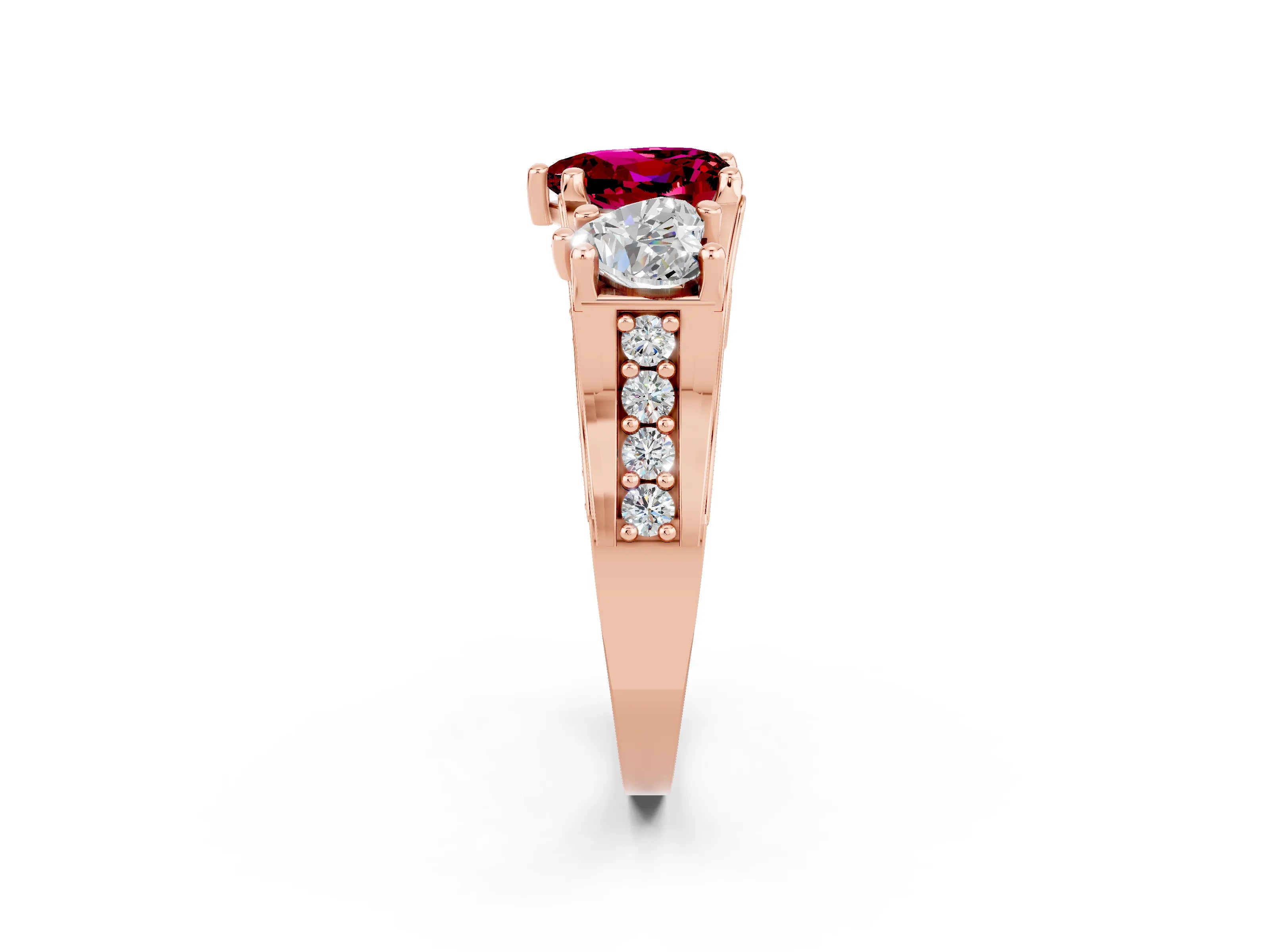 Rose gold Heart Cut Garnet Three-Stone Ring with Channel Set Band and Four-Prong Setting_2