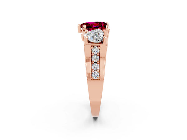 Rose gold Heart Cut Garnet Three-Stone Ring with Channel Set Band and Four-Prong Setting