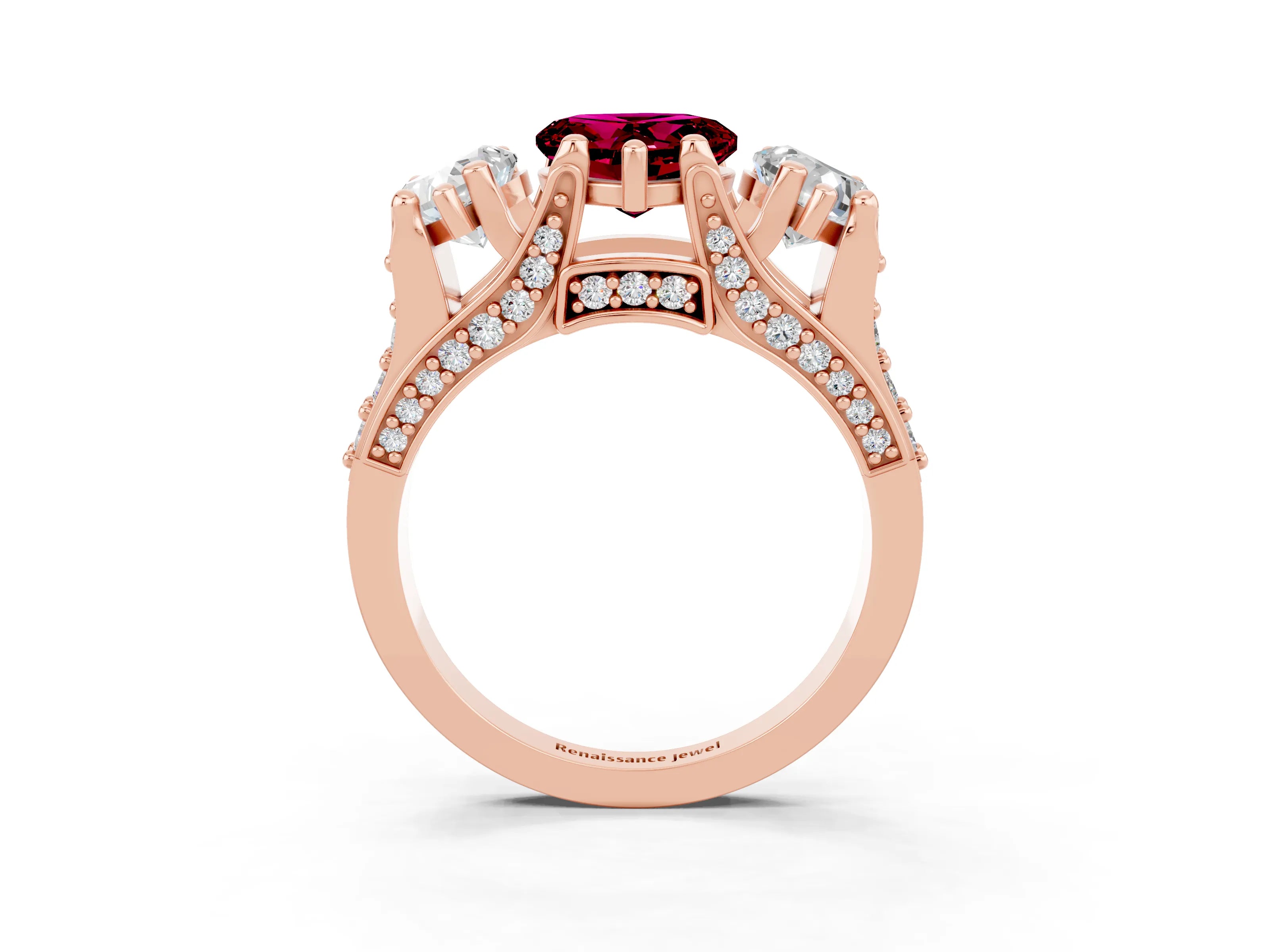 Rose gold Heart Cut Garnet Three-Stone Ring with Channel Set Band and Four-Prong Setting_3