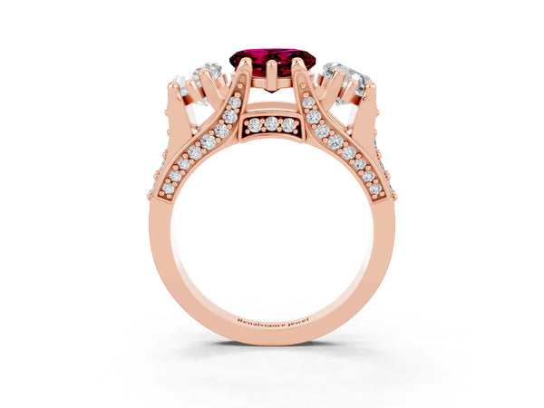 Rose gold Heart Cut Garnet Three-Stone Ring with Channel Set Band and Four-Prong Setting