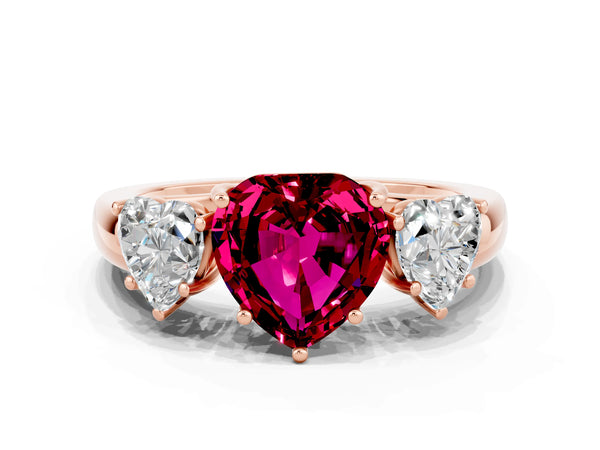 Rose gold Heart Cut Garnet Three-Stone Ring with Four-Prong Setting and Classic Band