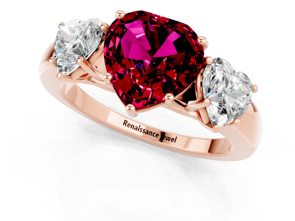 Rose gold Heart Cut Garnet Three-Stone Ring with Four-Prong Setting and Classic Band