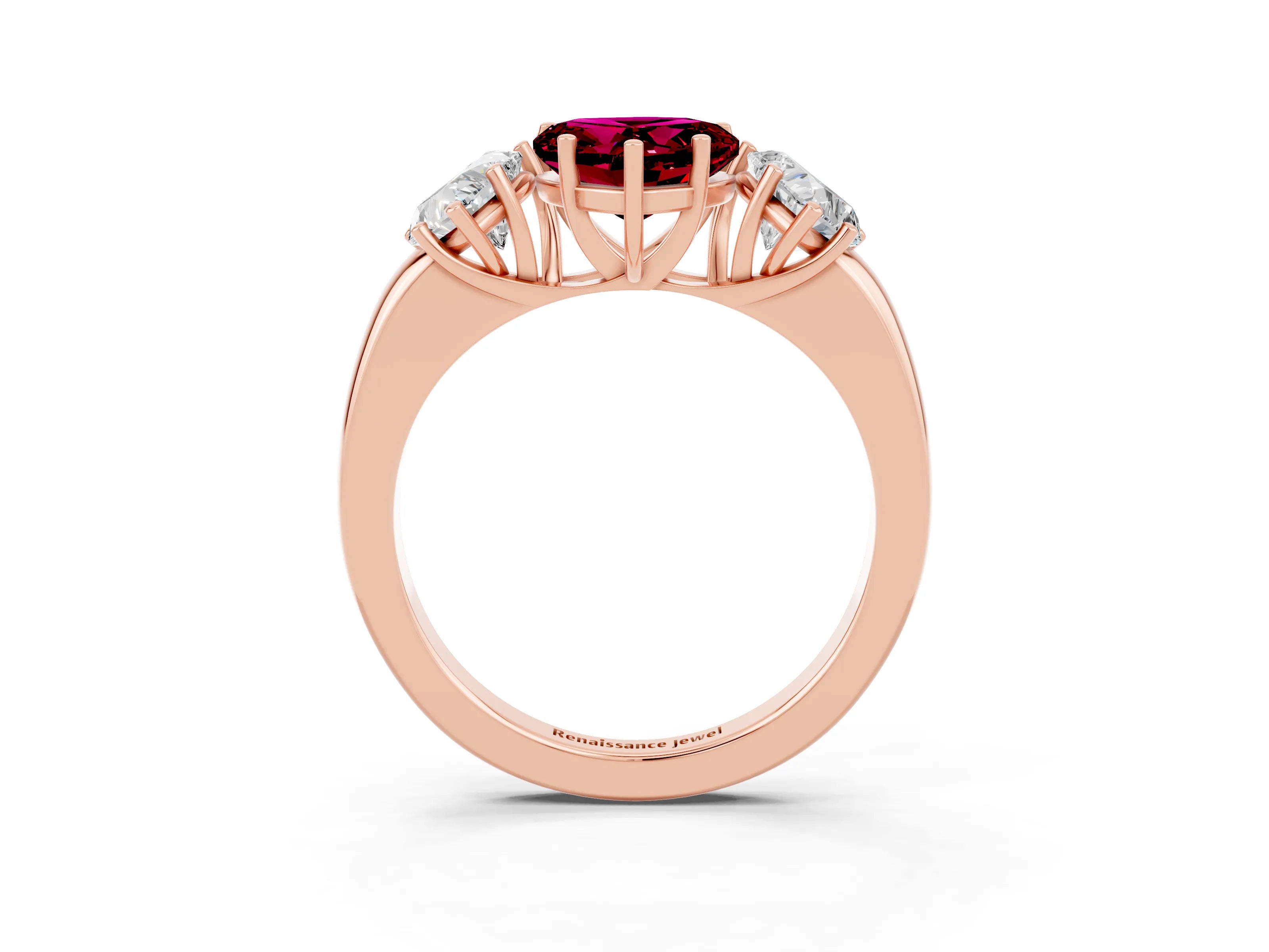 Rose gold Heart Cut Garnet Three-Stone Ring with Four-Prong Setting and Classic Band_3
