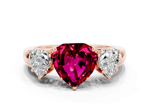 Rose gold Heart Cut Garnet Three-Stone Ring with Four-Prong Setting and Classic Band