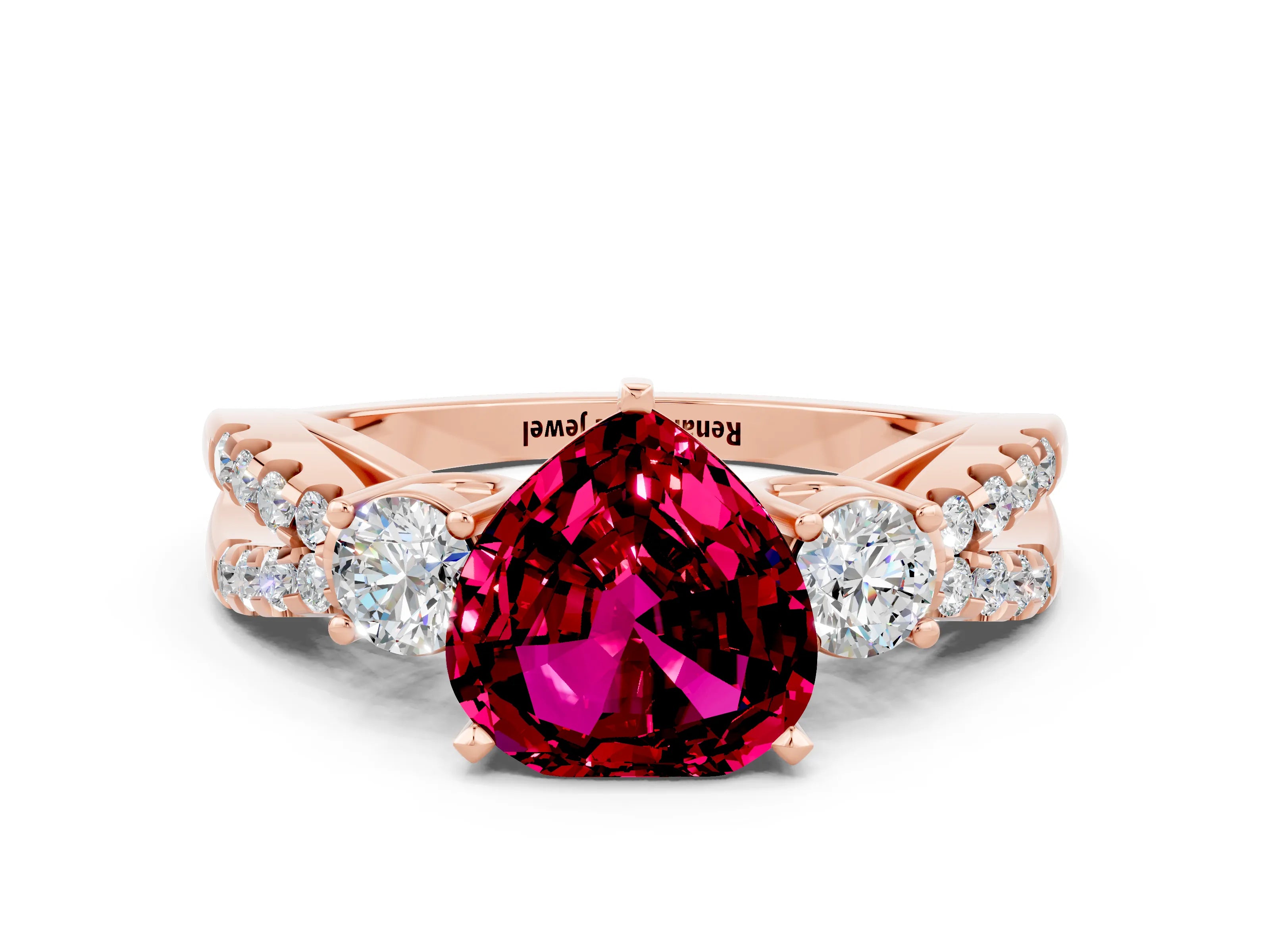 Rose gold Heart Cut Garnet Three-Stone Ring with Pavé Split Shank and Four-Prong Setting