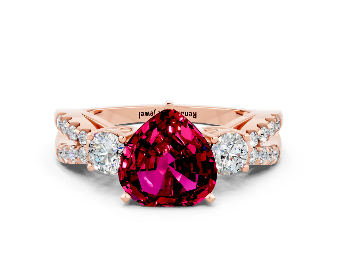 Rose gold Heart Cut Garnet Three-Stone Ring with Pavé Split Shank and Four-Prong Setting