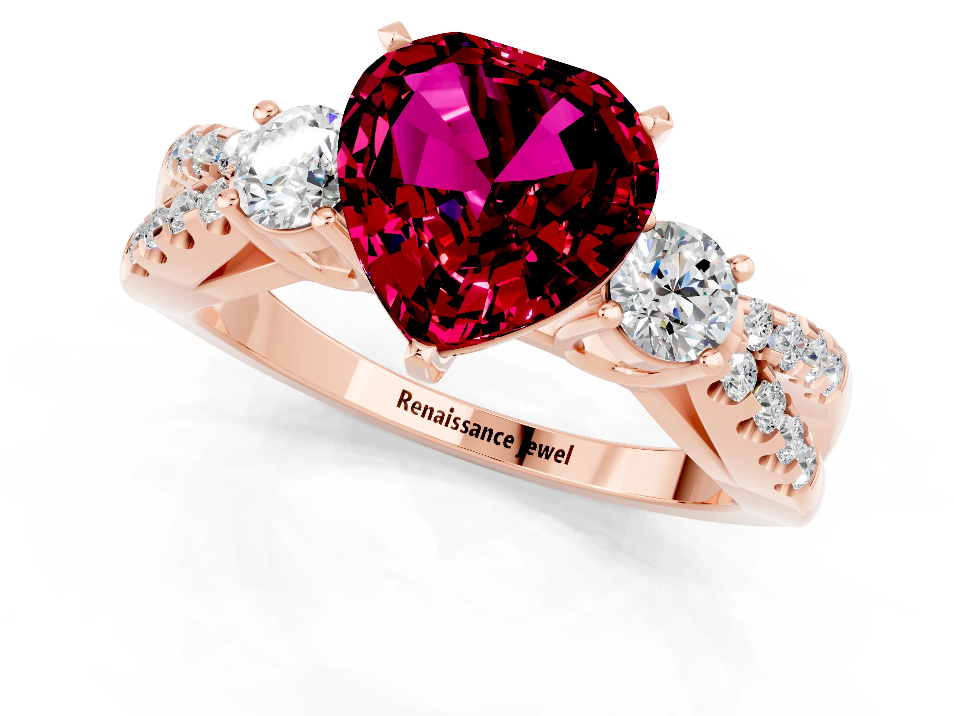 Rose gold Heart Cut Garnet Three-Stone Ring with Pavé Split Shank and Four-Prong Setting_1