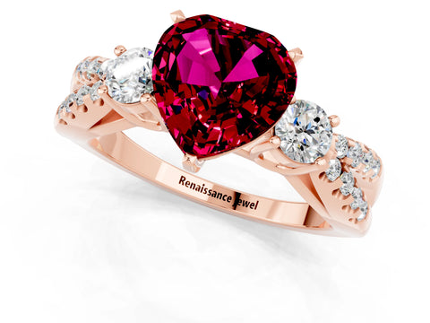 Rose gold Heart Cut Garnet Three-Stone Ring with Pavé Split Shank and Four-Prong Setting_1