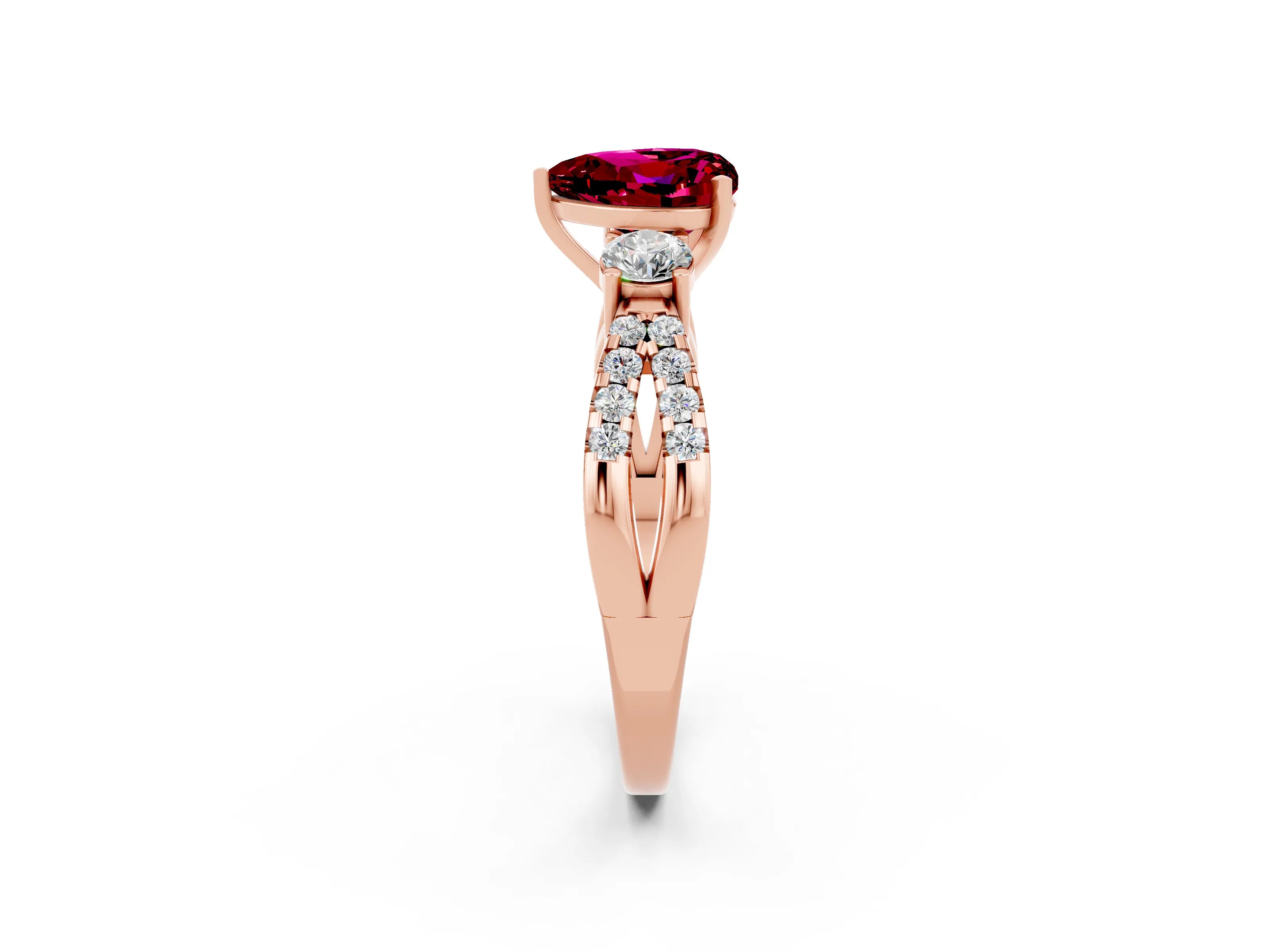 Rose gold Heart Cut Garnet Three-Stone Ring with Pavé Split Shank and Four-Prong Setting_2