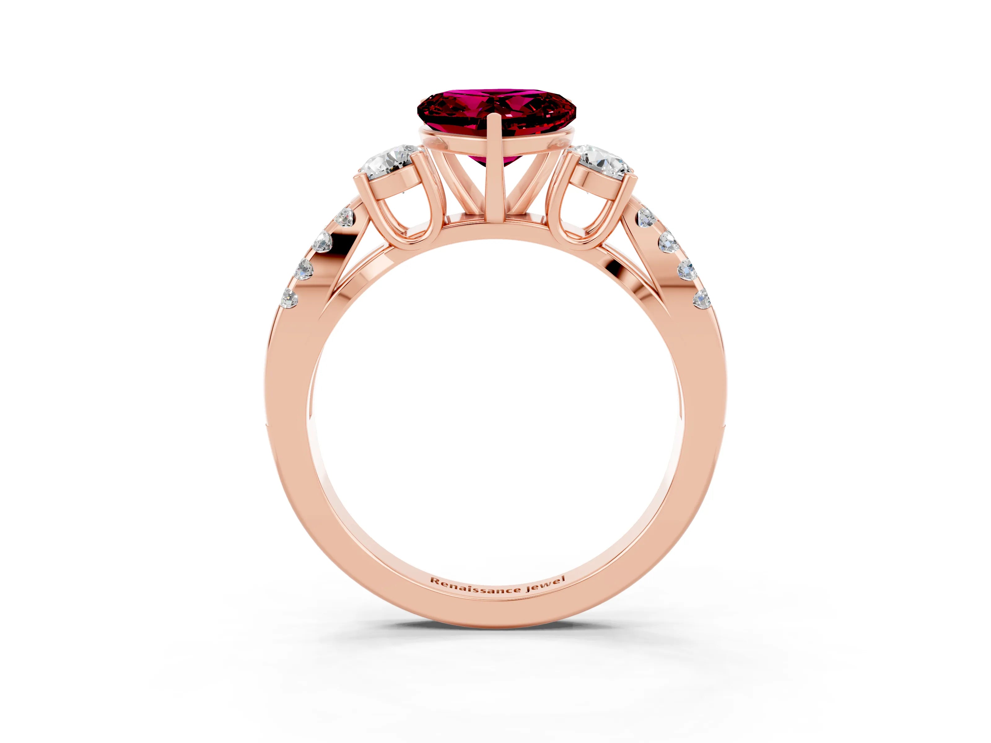 Rose gold Heart Cut Garnet Three-Stone Ring with Pavé Split Shank and Four-Prong Setting_3