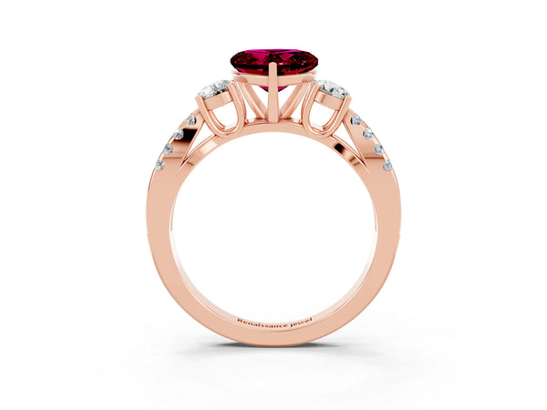 Rose gold Heart Cut Garnet Three-Stone Ring with Pavé Split Shank and Four-Prong Setting