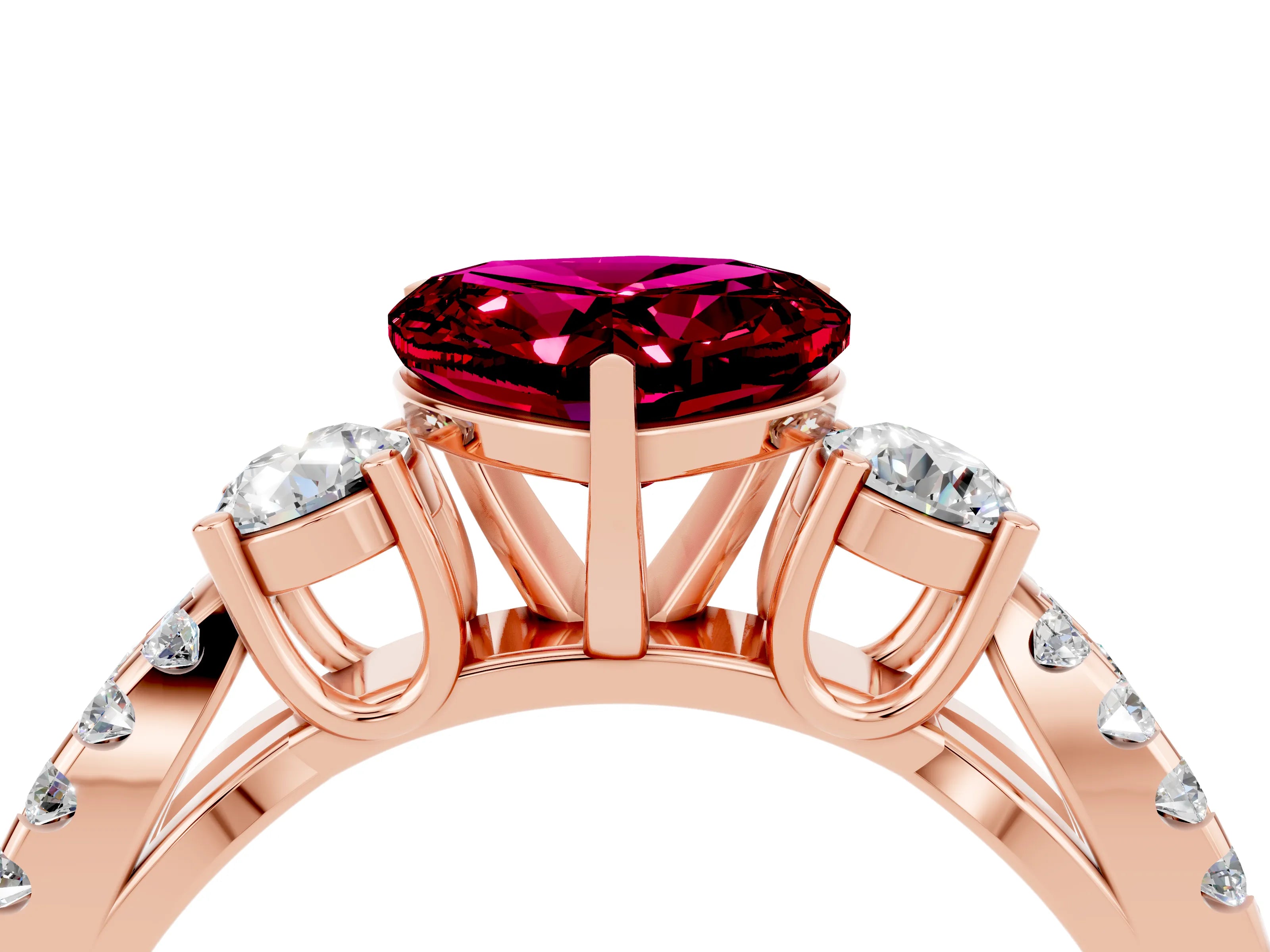 Rose gold Heart Cut Garnet Three-Stone Ring with Pavé Split Shank and Four-Prong Setting_4