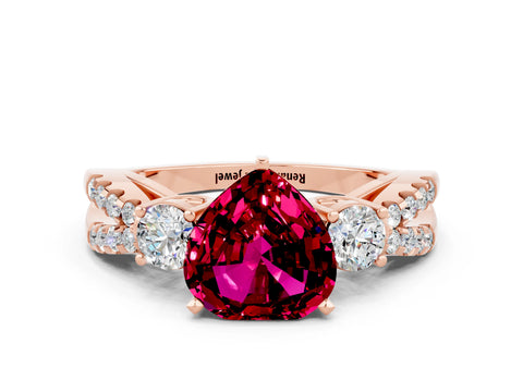 Rose gold Heart Cut Garnet Three-Stone Ring with Pavé Split Shank and Four-Prong Setting