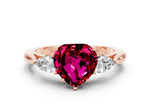 Rose gold Heart Cut Garnet Three-Stone Ring with Pear Side Stones and Four-Prong Setting_12