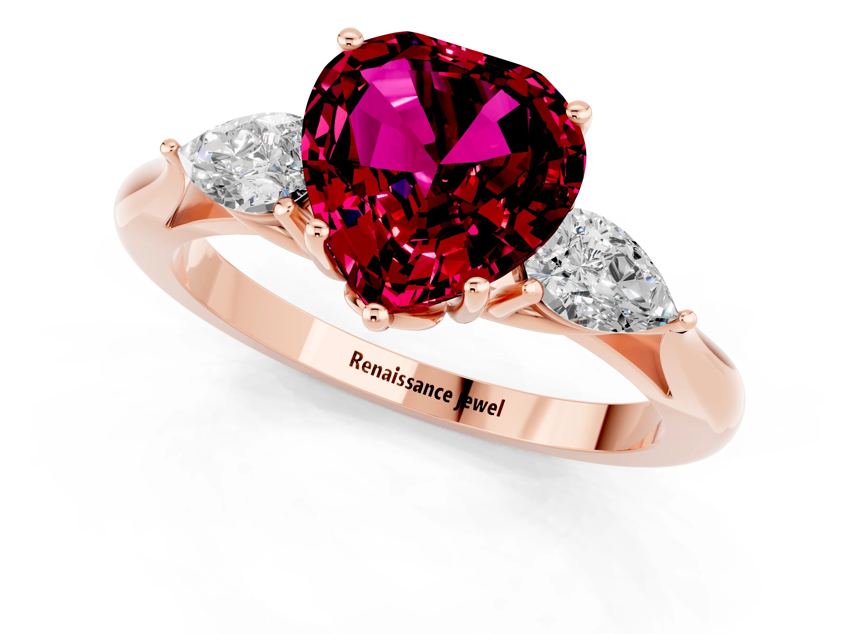 Rose gold Heart Cut Garnet Three-Stone Ring with Pear Side Stones and Four-Prong Setting_13