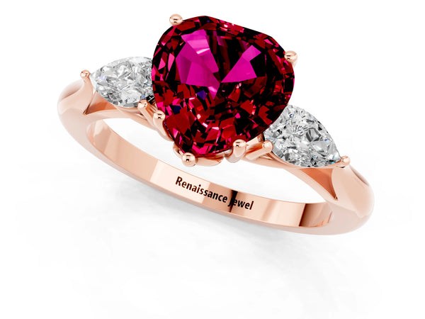 Rose gold Heart Cut Garnet Three-Stone Ring with Pear  Side Stones and Prong Setting