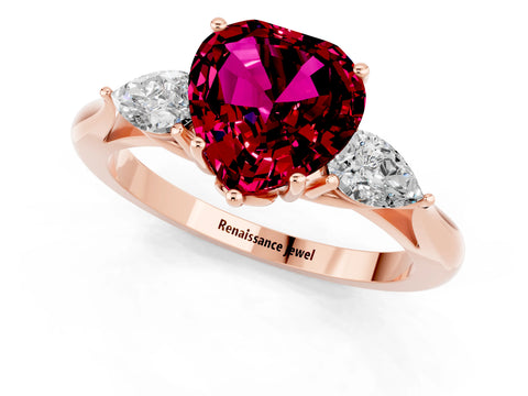 Rose gold Heart Cut Garnet Three-Stone Ring with Pear Side Stones and Four-Prong Setting_13