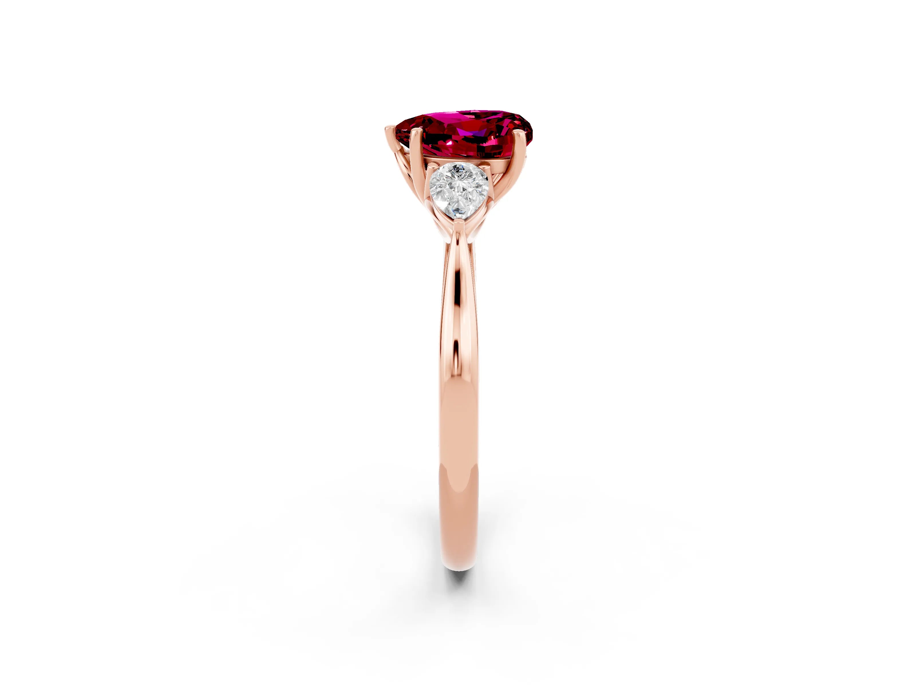Rose gold Heart Cut Garnet Three-Stone Ring with Pear Side Stones and Four-Prong Setting_14