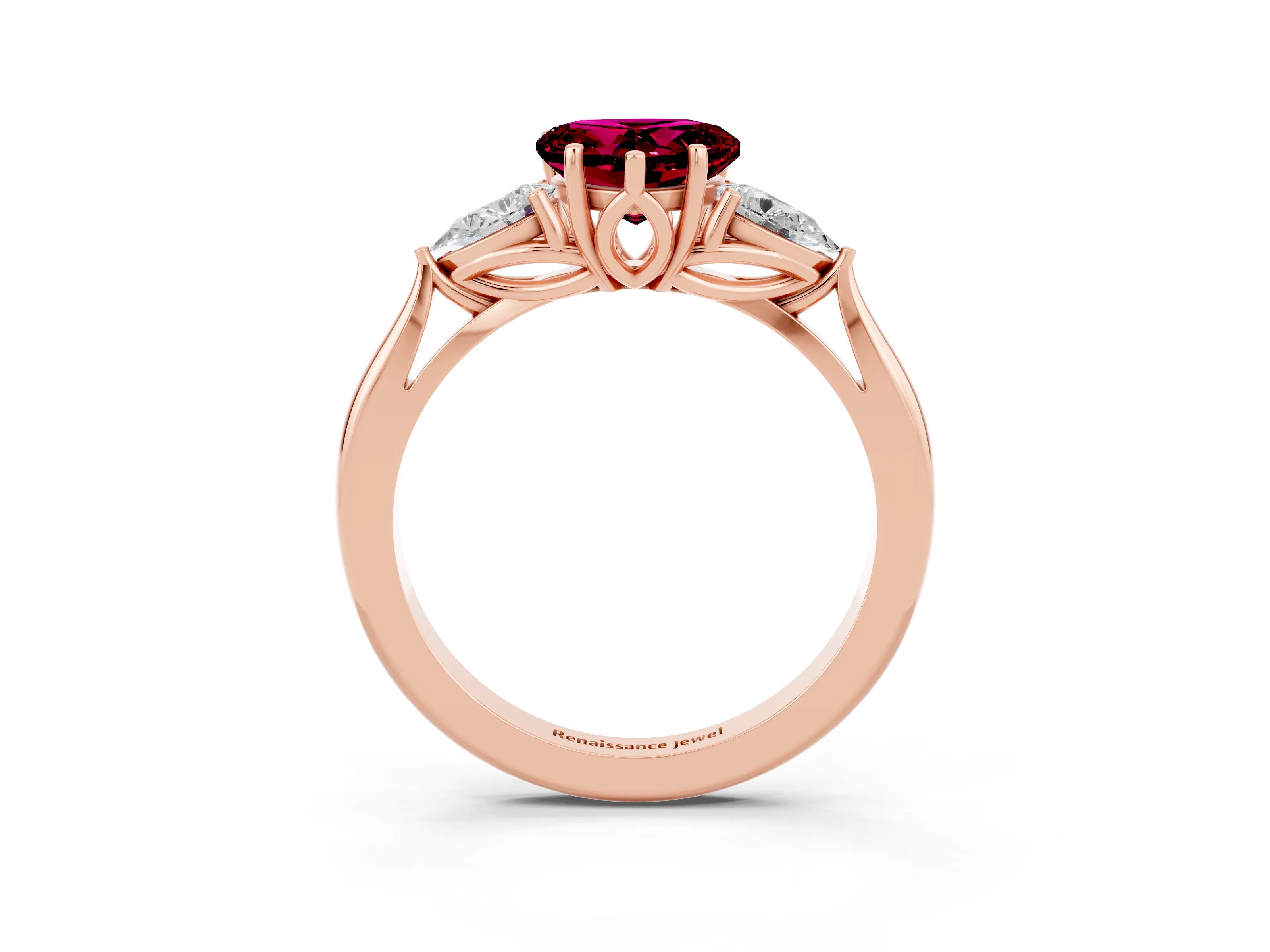 Rose gold Heart Cut Garnet Three-Stone Ring with Pear Side Stones and Four-Prong Setting_15