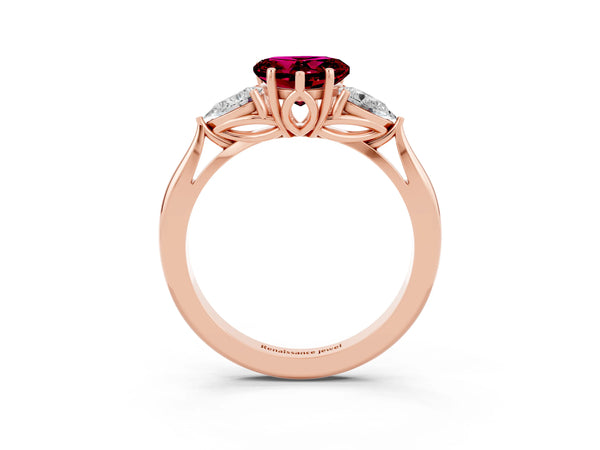 Rose gold Heart Cut Garnet Three-Stone Ring with Pear  Side Stones and Prong Setting