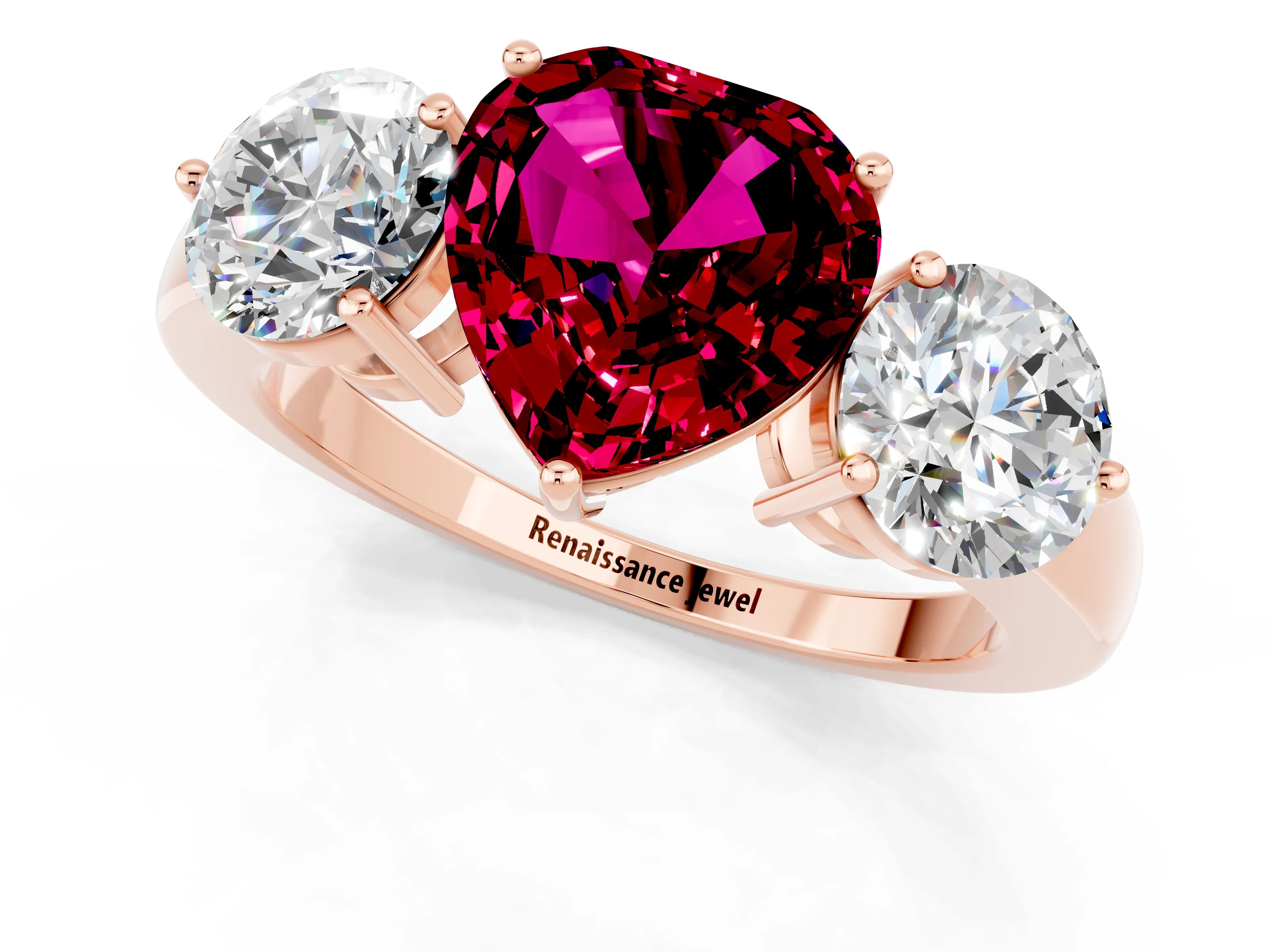 Rose gold Heart Cut Garnet Three-Stone Ring with Prong Setting and Classic Band_1
