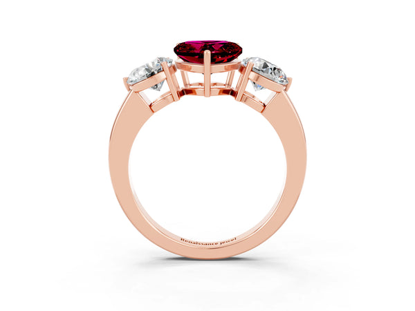 Rose gold Heart Cut Garnet Three-Stone Ring with Prong Setting and Classic Band