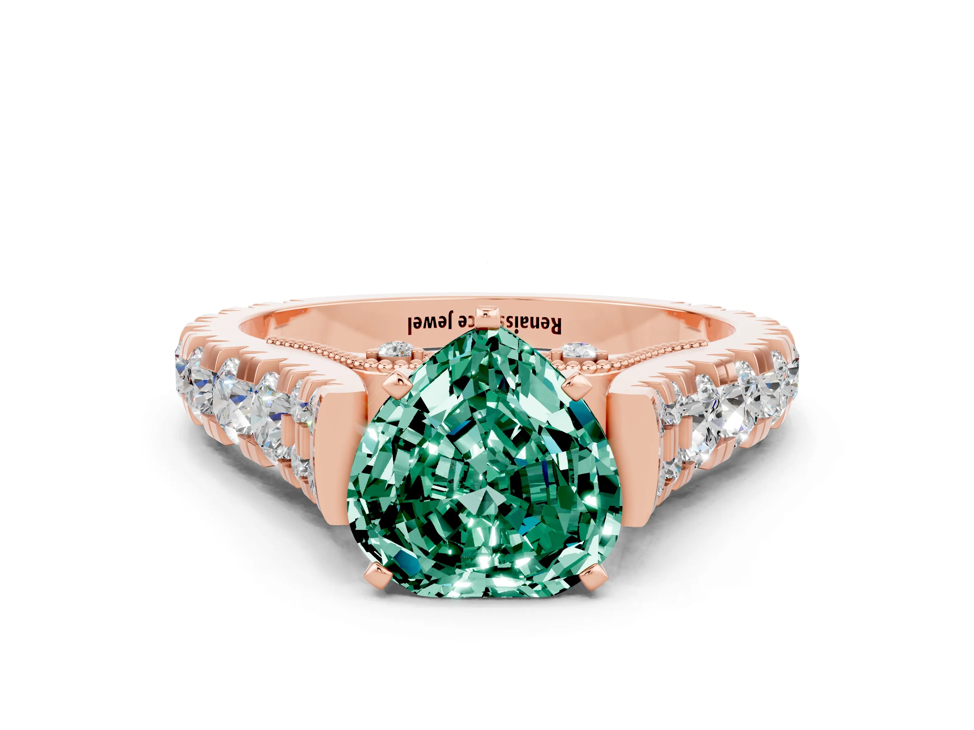 Rose gold Heart Cut Green Sapphire Classic Solitaire Ring with Pavé Band and Four-Prong Setting