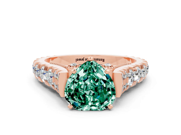 Rose gold Heart Cut Green Sapphire Classic Solitaire Ring with Pavé Band and Four-Prong Setting