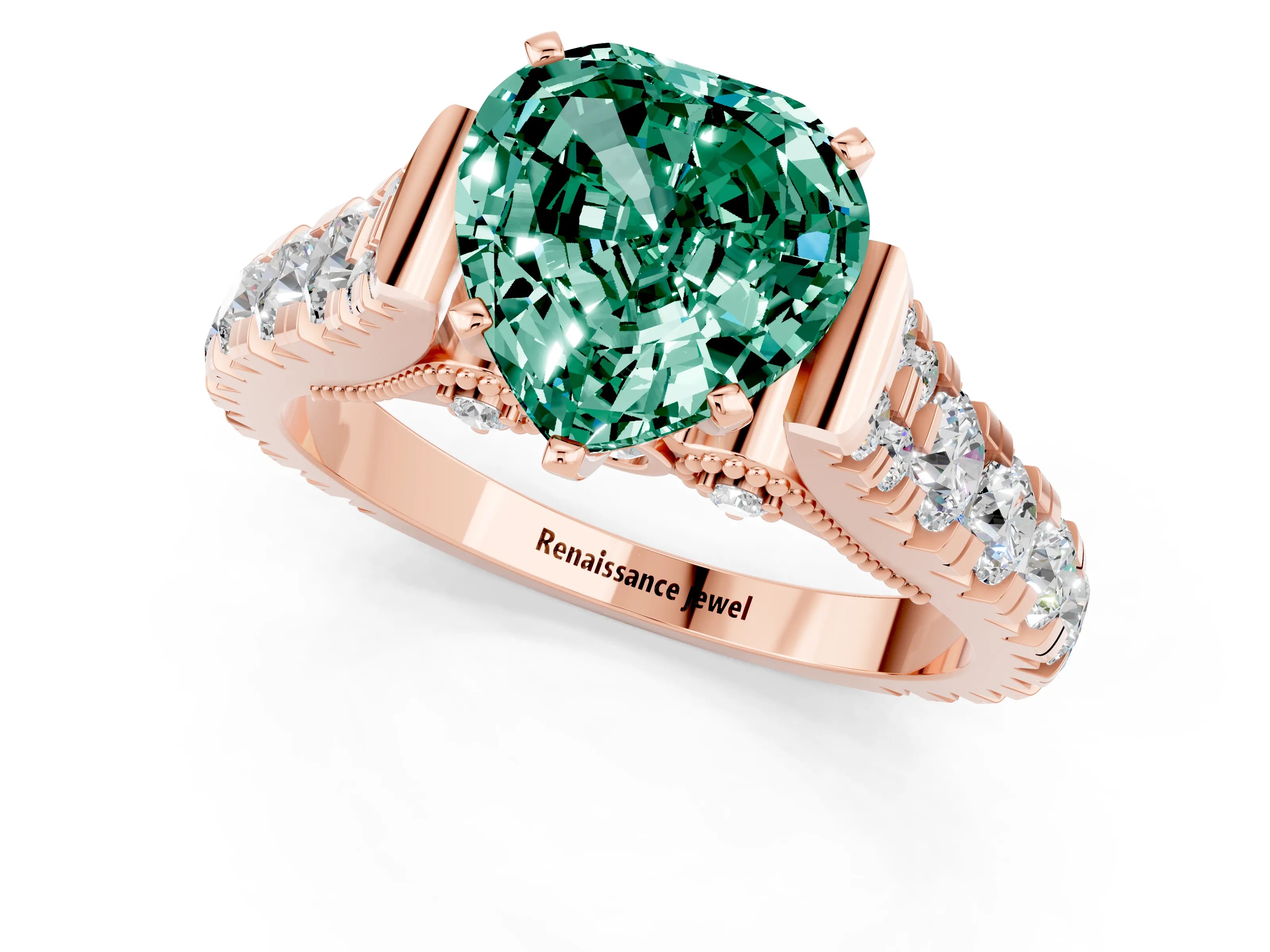 Rose gold Heart Cut Green Sapphire Classic Solitaire Ring with Pavé Band and Four-Prong Setting_1