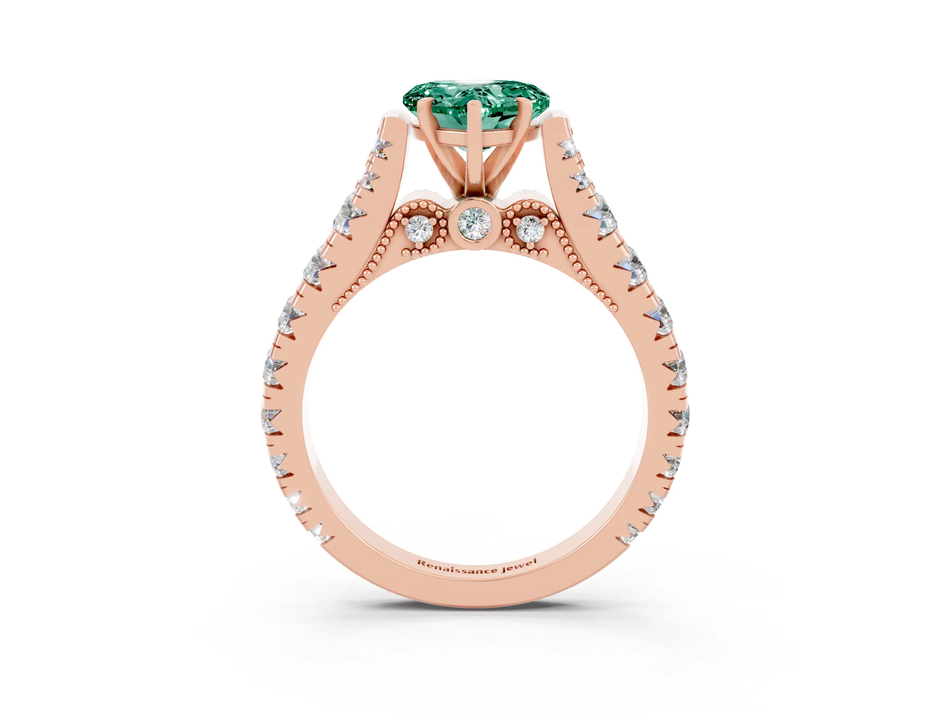 Rose gold Heart Cut Green Sapphire Classic Solitaire Ring with Pavé Band and Four-Prong Setting_3
