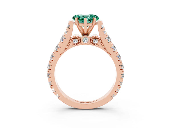 Rose gold Heart Cut Green Sapphire Classic Solitaire Ring with Pavé Band and Four-Prong Setting