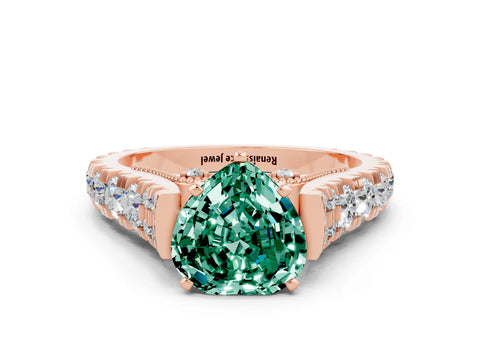 Rose gold Heart Cut Green Sapphire Classic Solitaire Ring with Pavé Band and Four-Prong Setting
