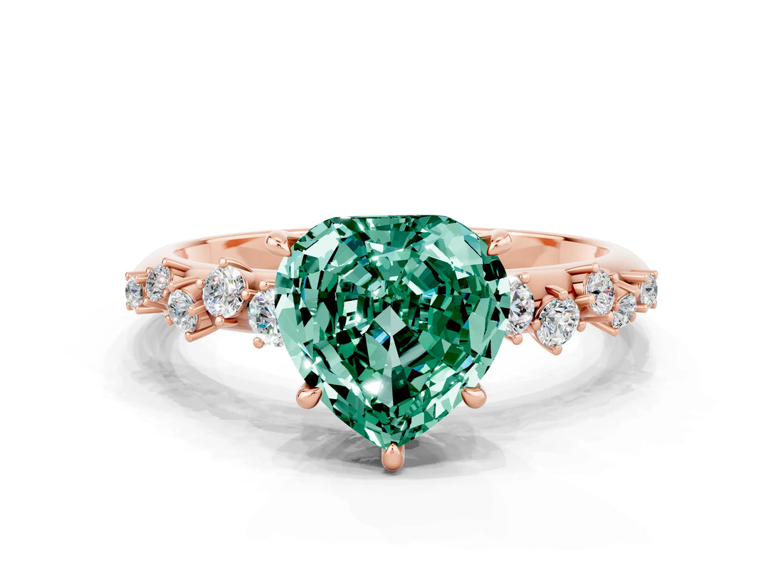 Rose gold Heart Cut Green Sapphire Cluster Side Stone Solitaire Ring with Prong Setting_24