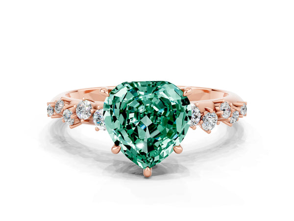Rose gold Heart Cut Green Sapphire Cluster Side Stone Solitaire Ring with Prong Setting