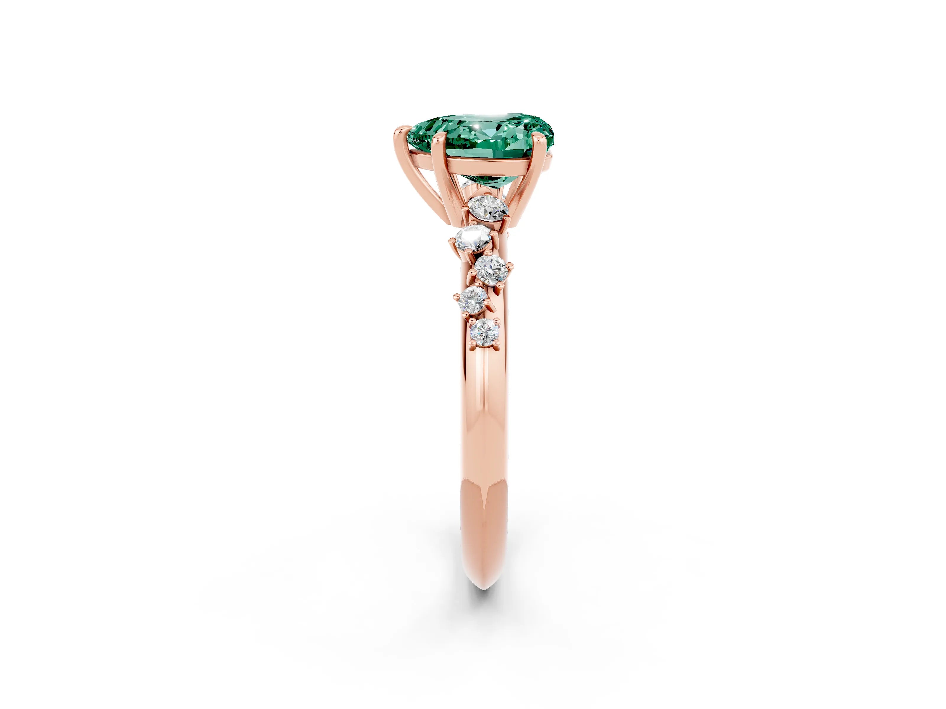 Rose gold Heart Cut Green Sapphire Cluster Side Stone Solitaire Ring with Prong Setting_26
