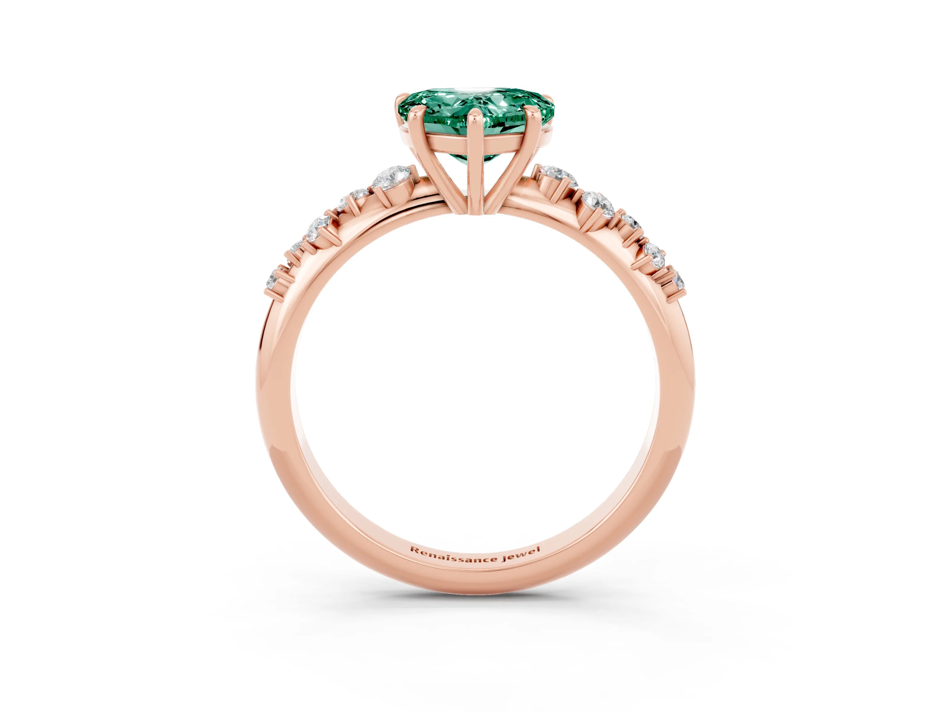 Rose gold Heart Cut Green Sapphire Cluster Side Stone Solitaire Ring with Prong Setting_27