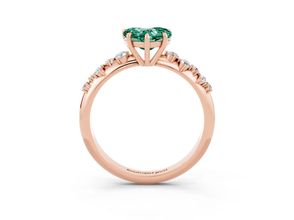 Rose gold Heart Cut Green Sapphire Cluster Side Stone Solitaire Ring with Prong Setting