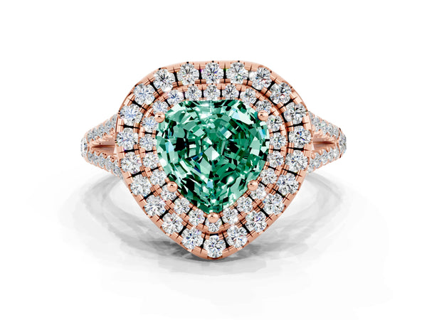 Rose gold Heart Cut Green Sapphire Double Halo Ring with Pavé Band and Prong Setting