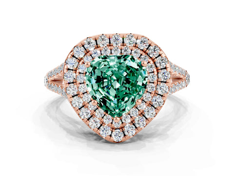 Rose gold Heart Cut Green Sapphire Double Halo Ring with Pavé Band and Prong Setting_12
