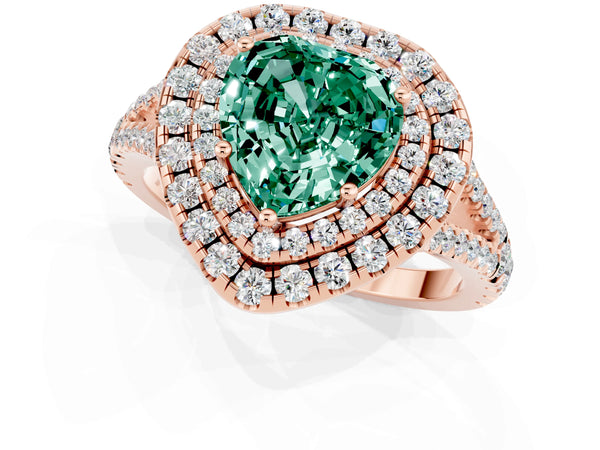 Rose gold Heart Cut Green Sapphire Double Halo Ring with Pavé Band and Prong Setting
